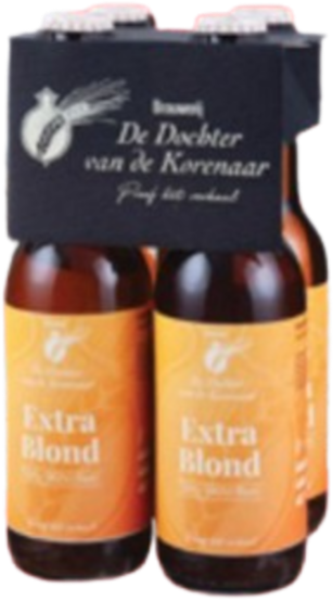 4-pack De Dochter van de Korenaar Extra Blond met vier bruine flesjes en zwarte kartonnen drager.