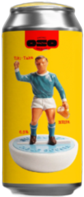Geel Tiki-taka bierblik van Oso met een voetballerfiguur op het etiket.