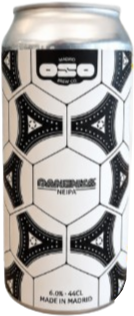 Wit blik Oso Panenka NEIPA van 44 cl met zwart geometrisch patroon en zilveren bovenkant.