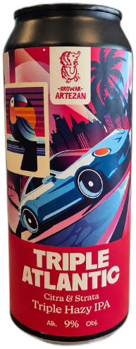 Blik Browar Artezan Triple Atlantic Triple Hazy IPA met kleurrijk tropisch autodesign.