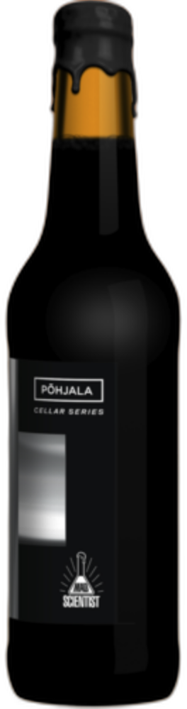 Zwarte fles Põhjala Cellar Series met Mad Scientist-logo op een oranje achtergrond.