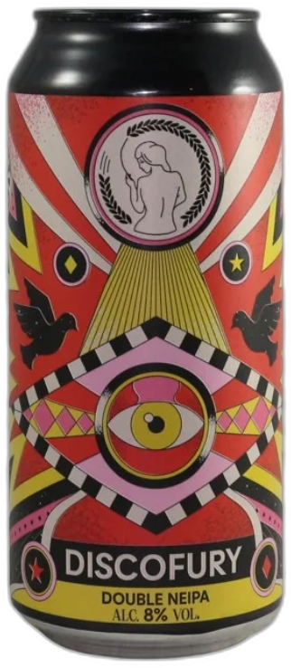 Blik La Superbe Discofury Double NEIPA met kleurrijk grafisch label op witte achtergrond.