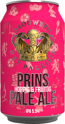 Felroze blik Prins Pale Ale IPA van Brouwerij Het Paleis met kroonlogo en decoratieve iconen.