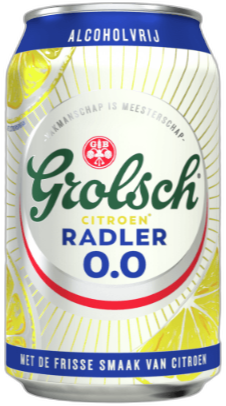 Blikje Grolsch Radler 0.0 citroen alcoholvrij van 0,33 liter op witte achtergrond.