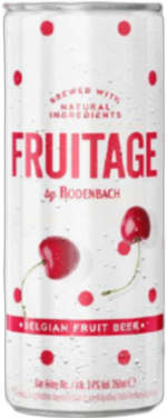 Wit Fruitage by Rodenbach blikje met rode stippen en kersen op een witte achtergrond.