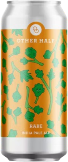 Blik Other Half Rabe India Pale Ale met oranje etiket en groen bladpatroon op donkere achtergrond.