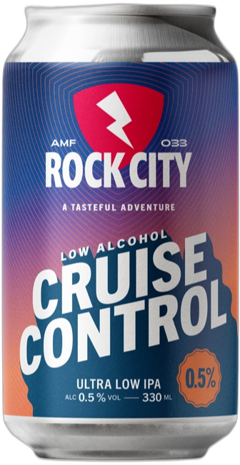 Blik Rock City Cruise Control low alcohol IPA met blauw-oranje label en 0,5%-badge.