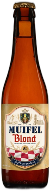 Amberkleurige fles Muifel Blond bier van 33 cl met beige etiket en gouden kroonkurk.