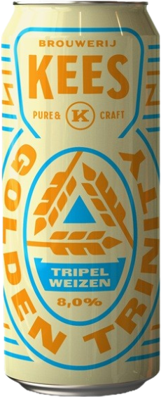 Beige bierblik van Brouwerij Kees Golden Trinity Tripel Weizen met blauwe en oranje details.