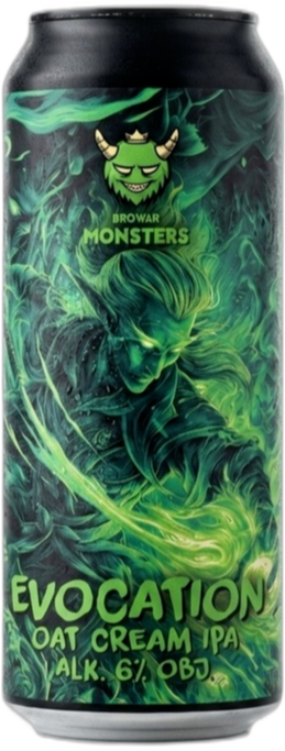 Blik Browar Monsters Evocation Oat Cream IPA met groen fantasy-ontwerp en monsterlogo.