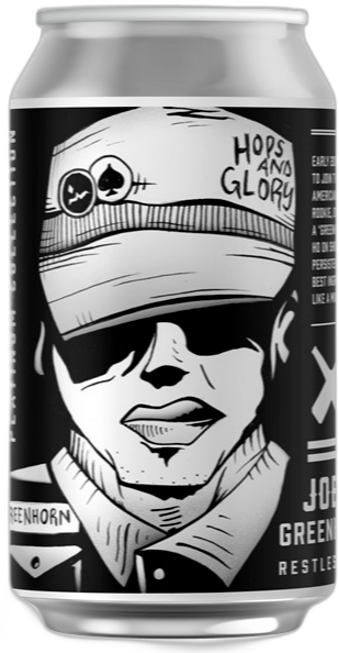 Blik Kompaan Joey Greenhorn bier met zwart-witte illustratie van man met pet.