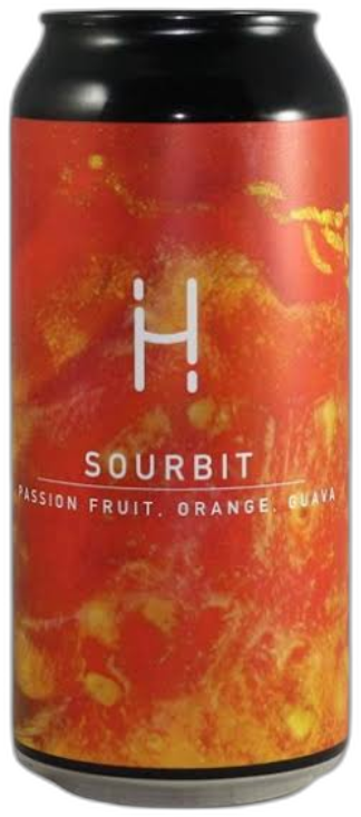 Zwart blik Hopalaa! Sourbit met rood-oranje label en tropische fruitvarianten passion fruit, orange en guava.