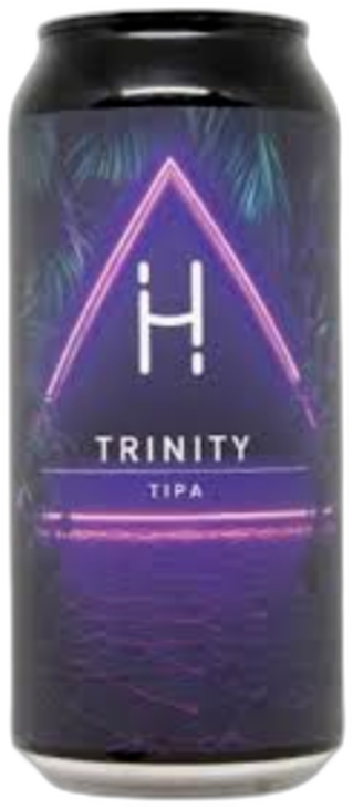 Blik Hopalaa! Trinity TIPA met donkerpaars etiket en roze neon driehoek op zwarte achtergrond