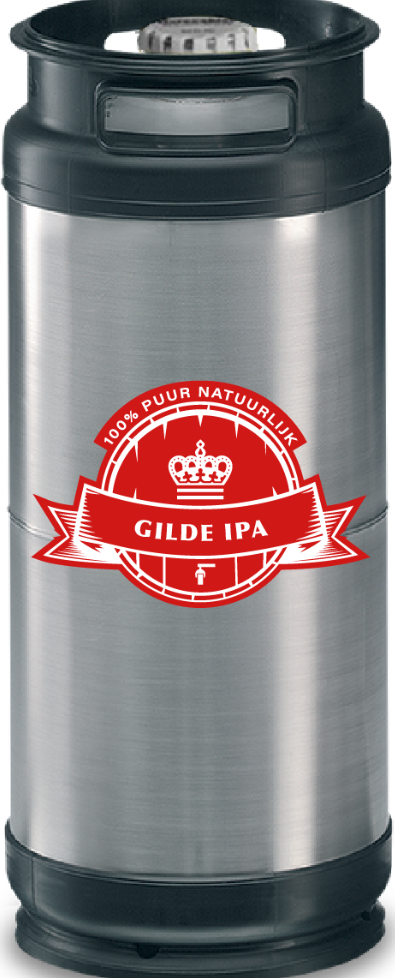 RVS bierfust met zwarte randen en rood-wit Gilde IPA-logo op een witte achtergrond.
