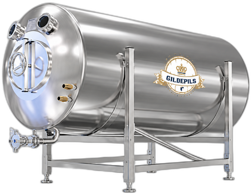 Roestvrijstalen Gildepils tankbierinstallatie op frame met aansluitingen en logo.