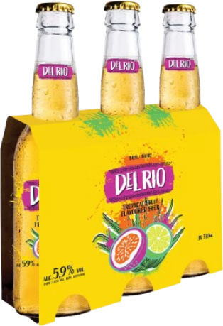 Drie Del Rio Tropical Beer flesjes in gele 3-pack verpakking met citrusafbeeldingen.
