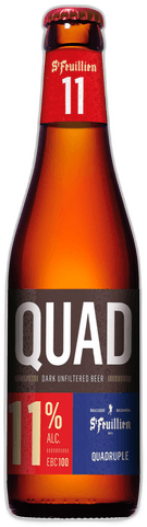 St. Feuillien Quad bierfles met rood etiket en 11% alc op witte achtergrond.