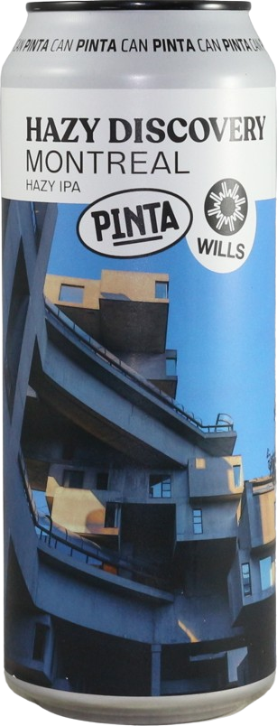 Blik Pinta Hazy Discovery Montreal hazy IPA met architectuurfoto op het etiket.