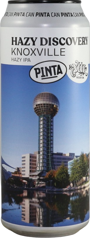 Blik Pinta Hazy Discovery Knoxville Hazy IPA met foto van de Sunsphere-toren aan het water.