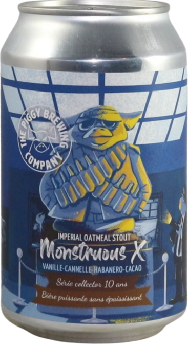 Blik Monstruous X imperial oatmeal stout van The Piggy Brewing Company met blauw-geel monsteretiket.