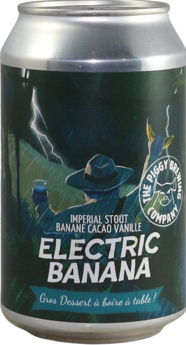 Blik Electric Banana imperial stout van The Piggy Brewing Company met donker etiket en bliksem.