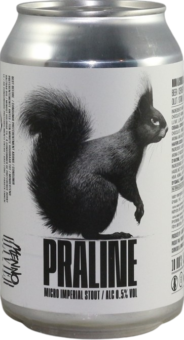 Zilverkleurig blik Praline stout met wit etiket en zwarte eekhoornillustratie.
