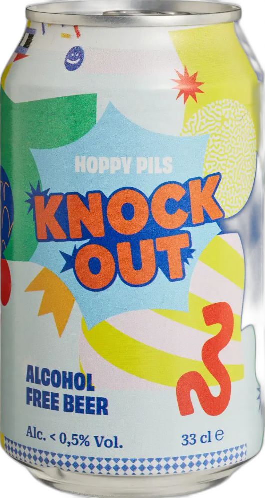 Blik Knock Out Hoppy Pils alcoholvrij bier met kleurrijk grafisch etiket en 33 cl aanduiding.