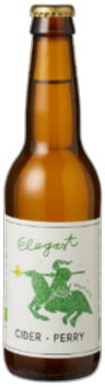Bruine fles Elegast cider perry met groen-wit etiket en gouden kroonkurk op witte achtergrond.