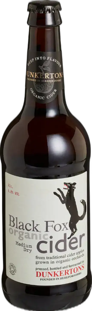 Bruine fles Dunkertons Black Fox organic cider met wit etiket en zwarte vos op witte achtergrond.