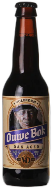 Donkerbruine fles Oude Bok oak aged bier met beige etiket op witte achtergrond.