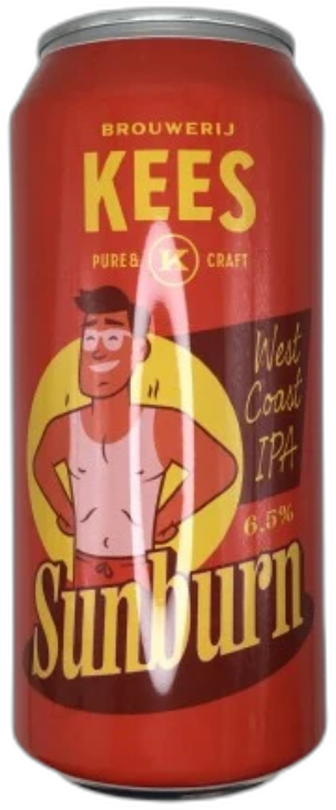 Rood blik Kees Sunburn West Coast IPA met gele typografie en illustratie van een man in de zon.