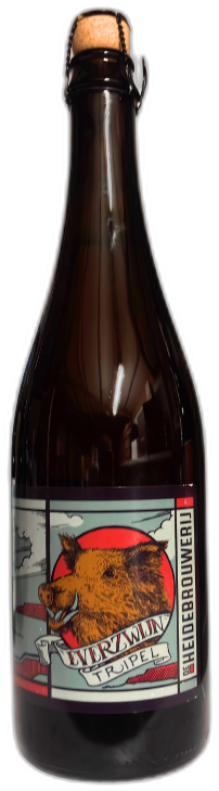 Bruine 75cl fles Everzwijn Tripel van Heidebrouwerij met kurk en kleurrijk everzwijnetiket.