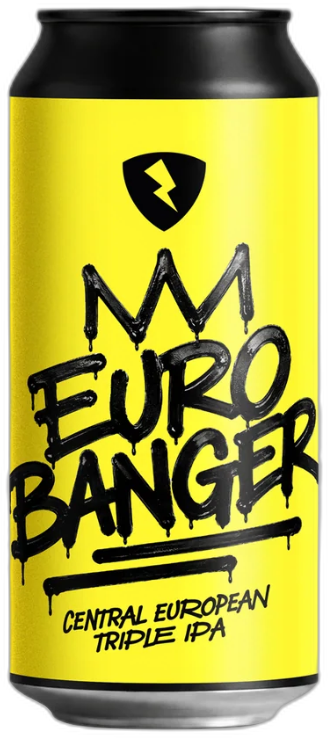 Blik Rock City Euro Banger met geel label, zwarte graffiti-tekst en bliksemlogo op witte achtergrond.