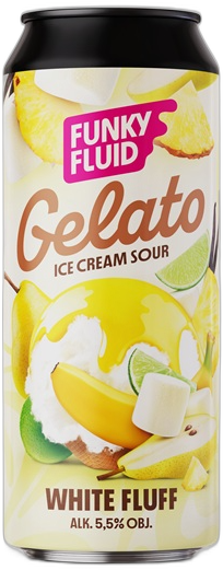 Blik Funky Fluid Gelato White Fluff met geel fruit, limoen, kokos en wit chocoladedesign.