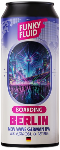 Blik Funky Fluid Boarding Berlin IPA met neonfestivalillustratie en paarse wereldkaart op wit.