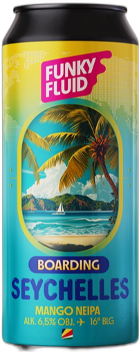 Blik Funky Fluid Boarding Seychelles Mango NEIPA met tropische palmen, strand en turquoise label.
