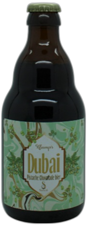 Donker bierflesje met groene dop en mintgroen Dubai-label voor pistache-chocoladebier.