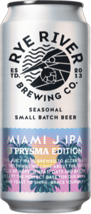 Blik Rye River Miami J IPA met wit label, zwart brouwerijlogo en kleurrijke tropische print onderaan.