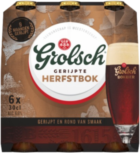 Verpakking Grolsch Gerijpte Herfstbok 6x30 cl met donker bokbier in een glas.