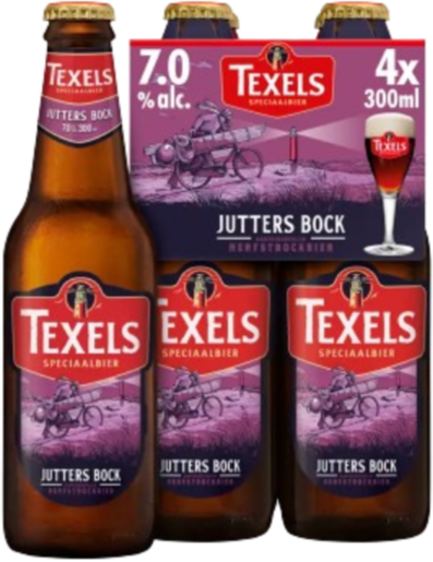 Verpakking Texels Jutters Bock met bruine bierflesjes, 4 x 300 ml en 7,0% alcohol.