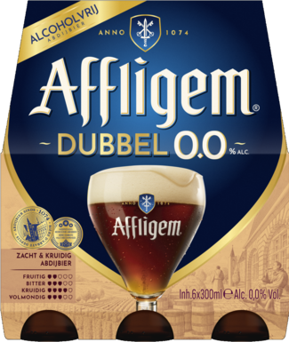 Voorkant van een Affligem Dubbel 0.0 sixpack met blauw-gouden verpakking en een glas donker bier.