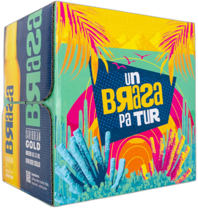 Kleurrijke Brasa Caribbean Gold bierverpakking met tropische illustraties op witte achtergrond.