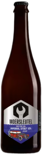 Donkerbruine Moersleutel Motor Oil fles met zwart-wit/blauw label.