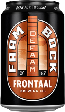 Zwart blik Frontaal Faam Bock van 33 cl met oranje ovaal etiket en witte typografie.