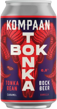 Kompaan Tonka Bok 33cl bierblik met rood-paars etiket en grote witte letters op witte achtergrond.