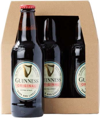 Kartonnen doos met donkere flesjes Guinness Original Extra Stout.