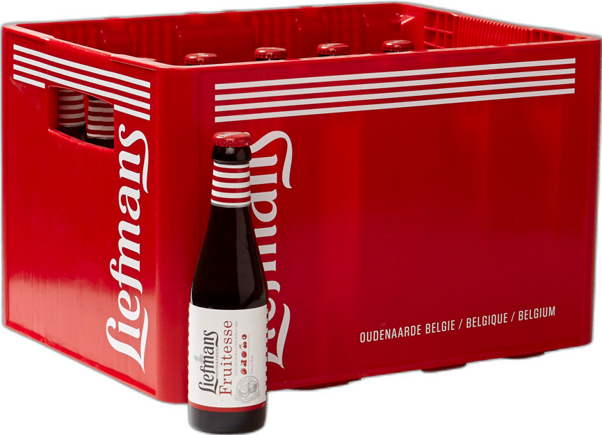 Rood Liefmans Fruitesse krat met witte logo’s en een donker flesje fruitbier ervoor.