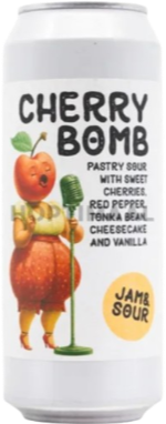 Wit blik Clef Cherry Bomb met kersenfiguur, microfoon en tekst jam & sour.