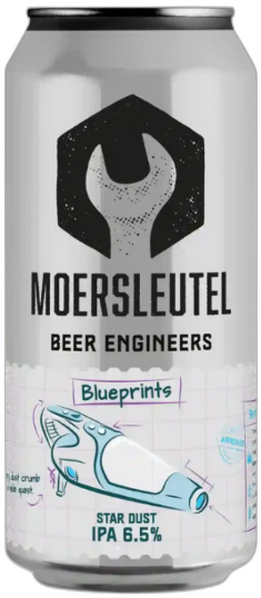 Wit blik Moersleutel Star Dust IPA met zwart logo en blauwdrukillustratie van een ruimteschip.