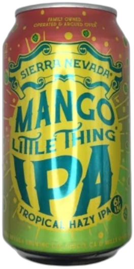 Blikje Sierra Nevada Mango Little Thing IPA met geelgroen tropisch etiket tegen zwarte achtergrond.